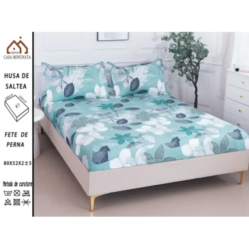 Husa de pat cu elastic, bumbac satinat, cu 2 fețe de pernă