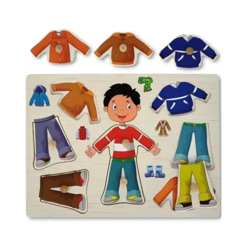 Puzzle vestimentație băiat, din lemn, cu mâner
