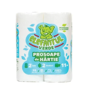 Prosoape hârtie albă, 2straturi, 11m, 2role/set, Elefantul Verde