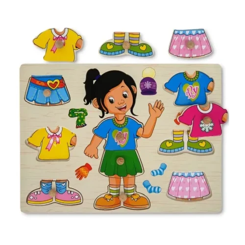 Puzzle vestimentație, fetiță, din lemn, cu mâner