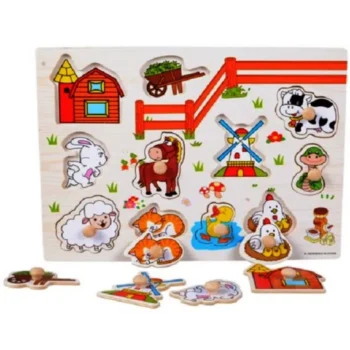Puzzle animale domestice din lemn, cu mâner
