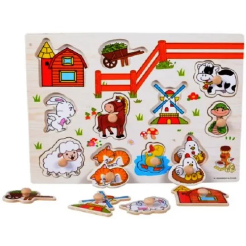Puzzle animale domestice din lemn, cu mâner